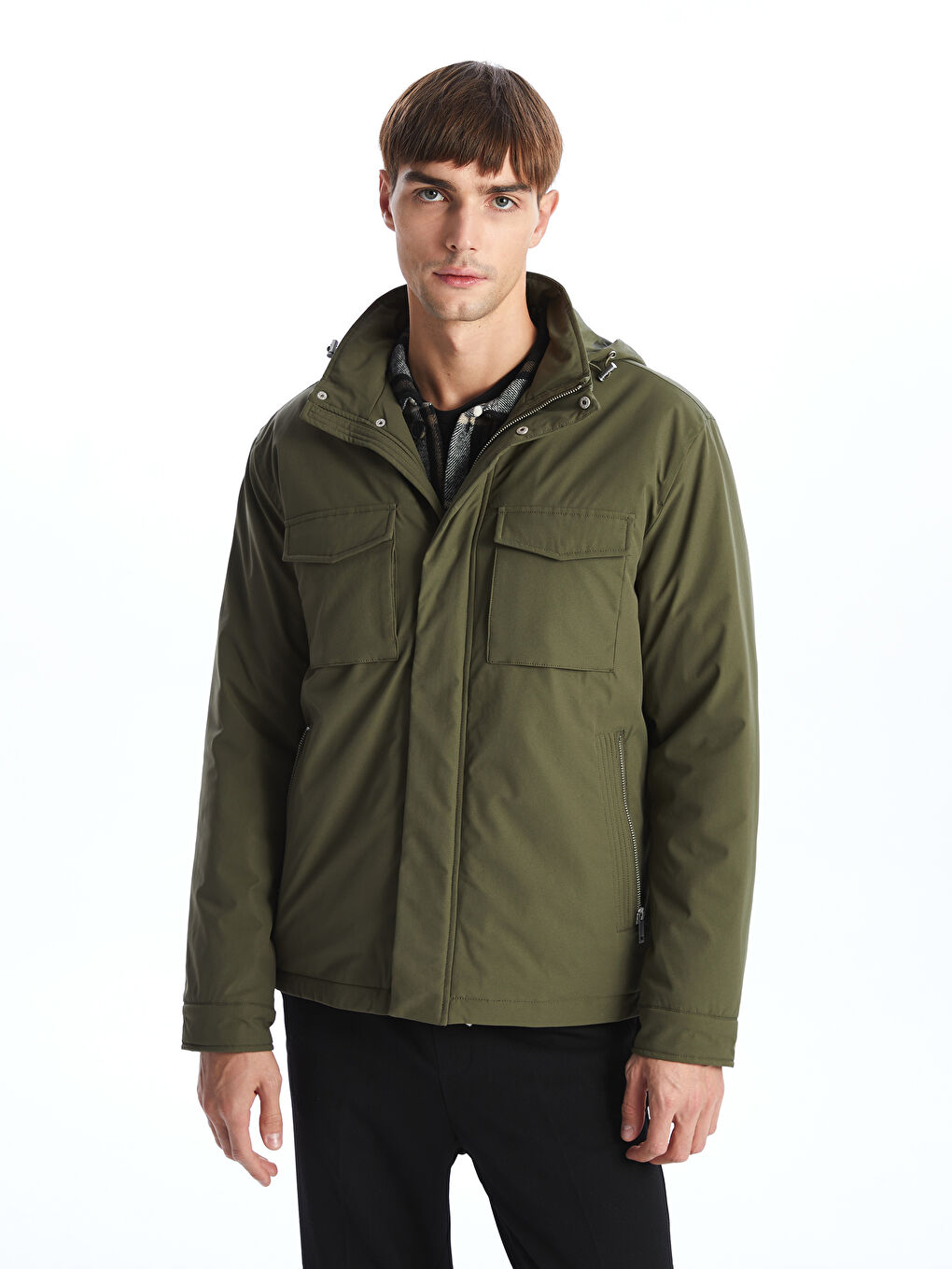 Haki Standart Kalıp Dik Yaka Erkek Mont