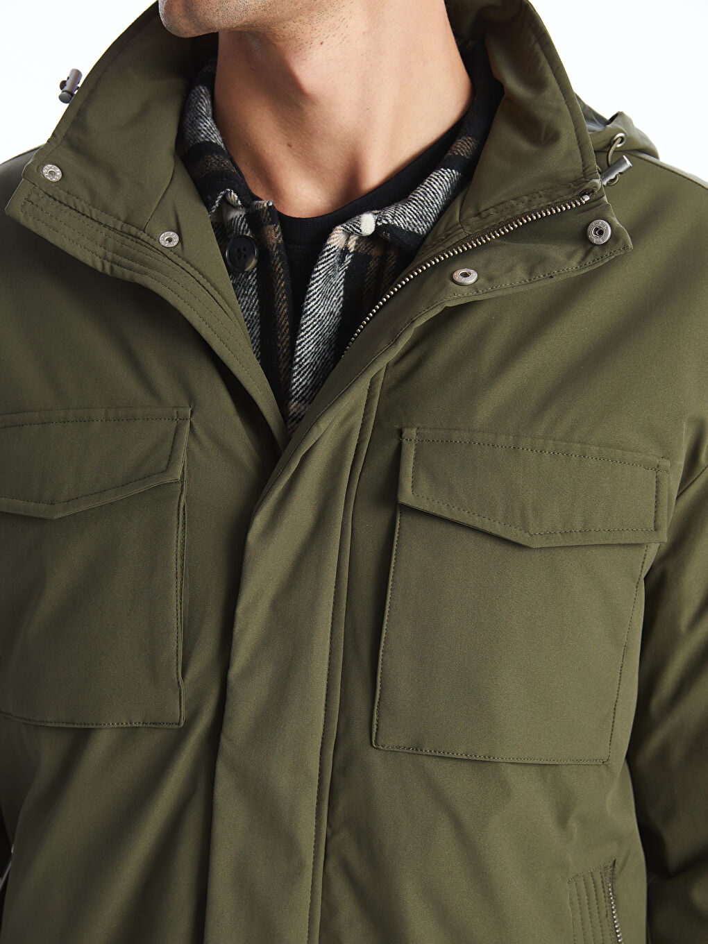 Haki Standart Kalıp Dik Yaka Erkek Mont-2