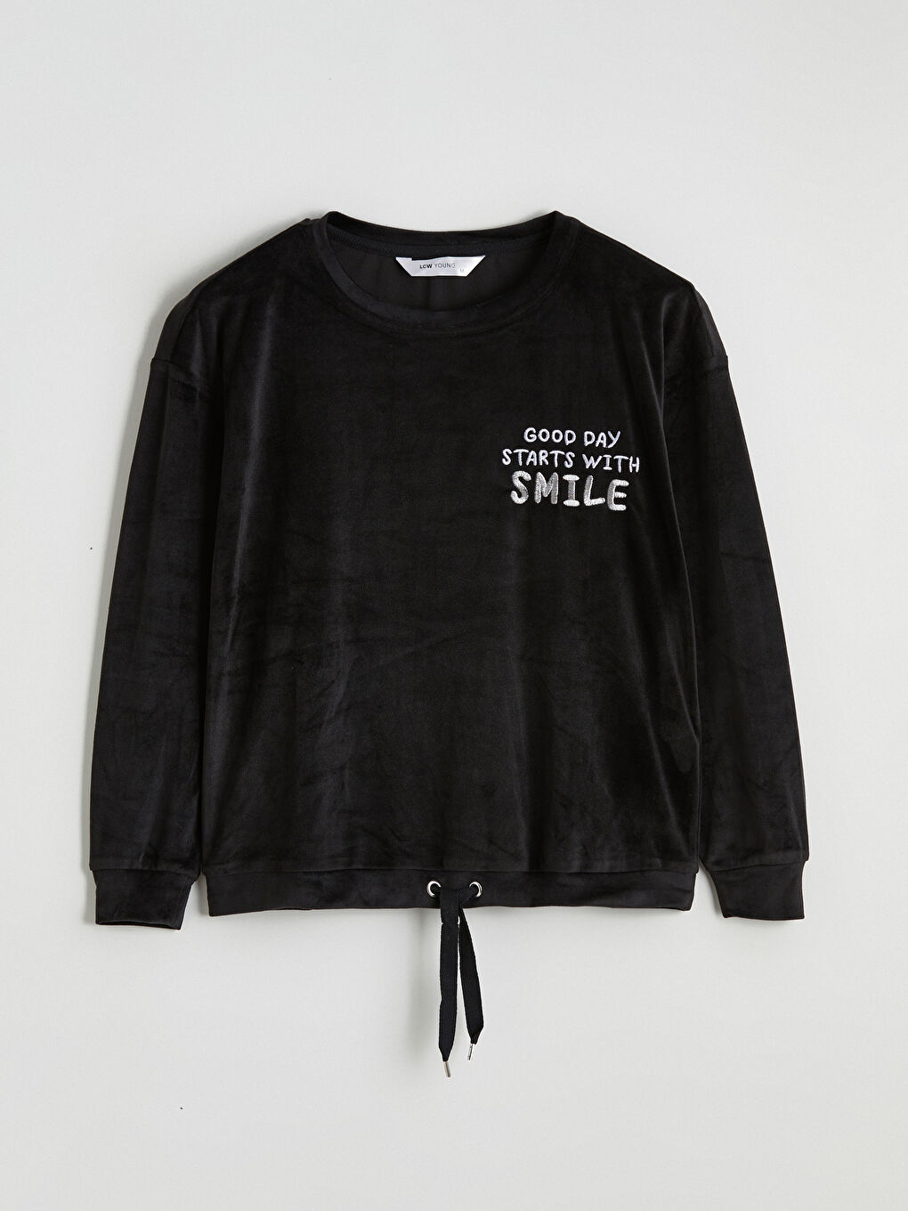 Siyah Bisiklet Yaka Nakışlı Kadife Kadın Pijama Üstü-4