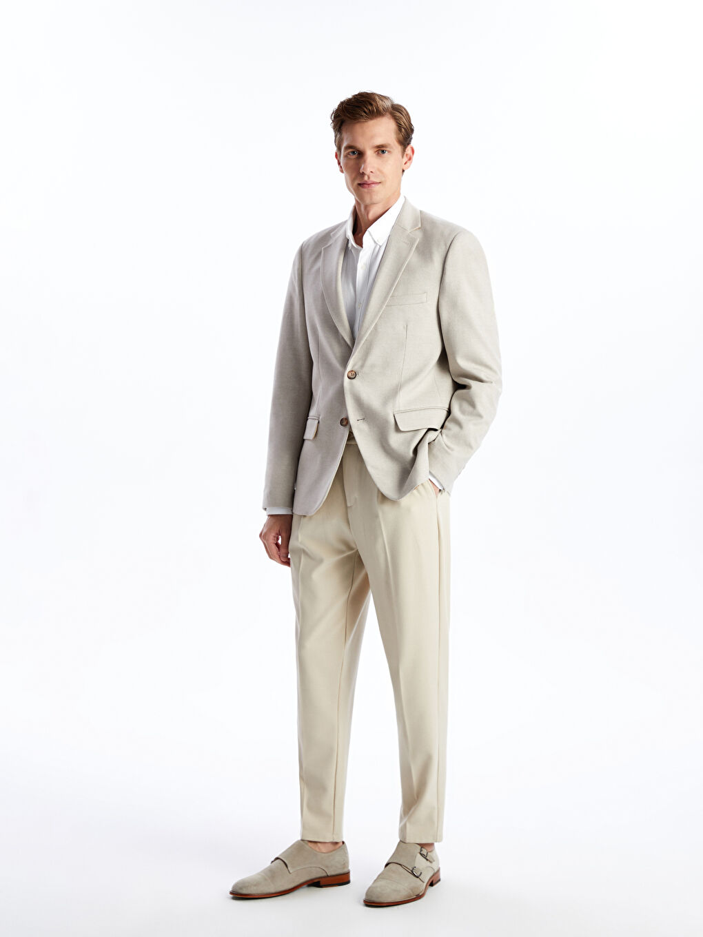 Bej Dar Kalıp Erkek Blazer Ceket-2