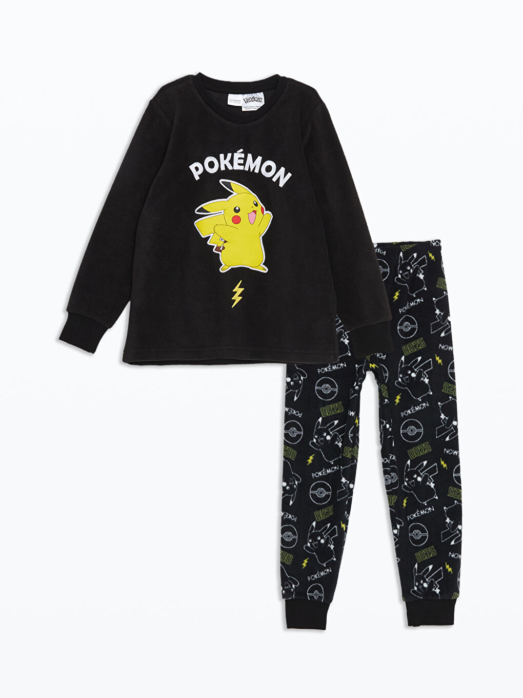 LCW Kids Siyah Bisiklet Yaka Pikachu Baskılı Polar Erkek Çocuk Pijama Takımı