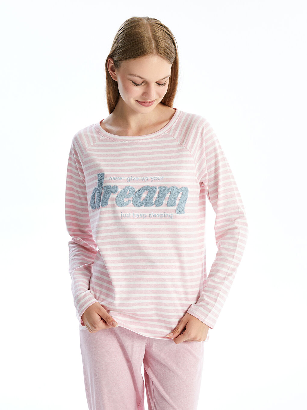 LCW DREAM Pembe Melanj Bisiklet Yaka Nakışlı Uzun Kollu Kadın Pijama Takımı