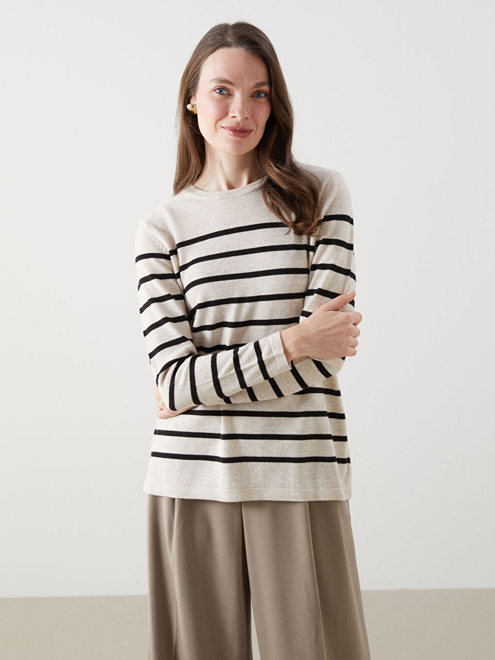 Crew Neck Striped Women's Knitwear Sweater -W41498Z8-LE4