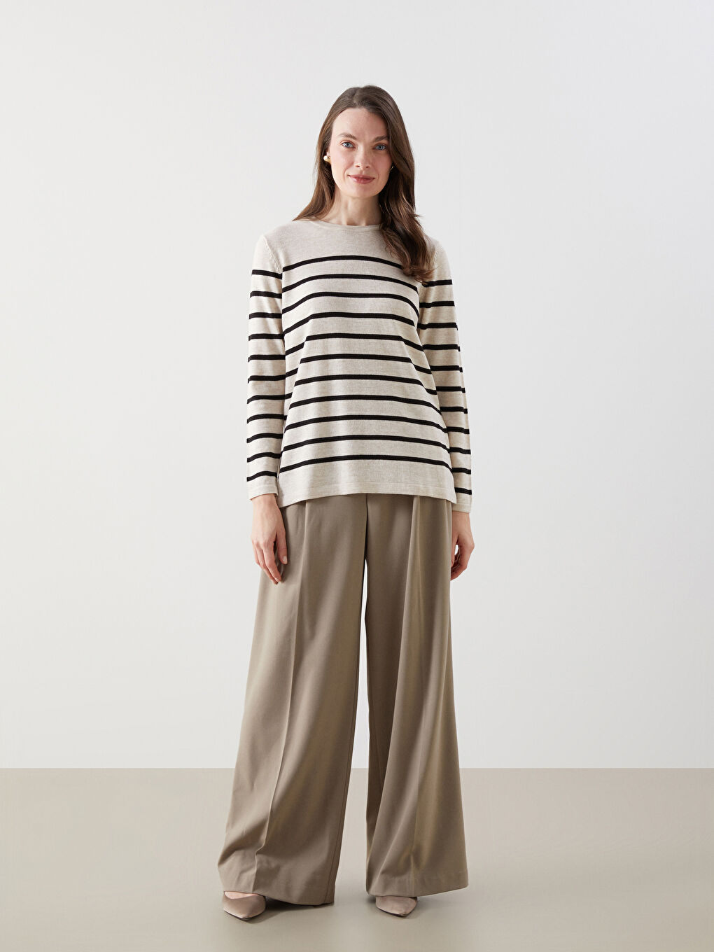 Crew Neck Striped Women's Knitwear Sweater -W41498Z8-LE4
