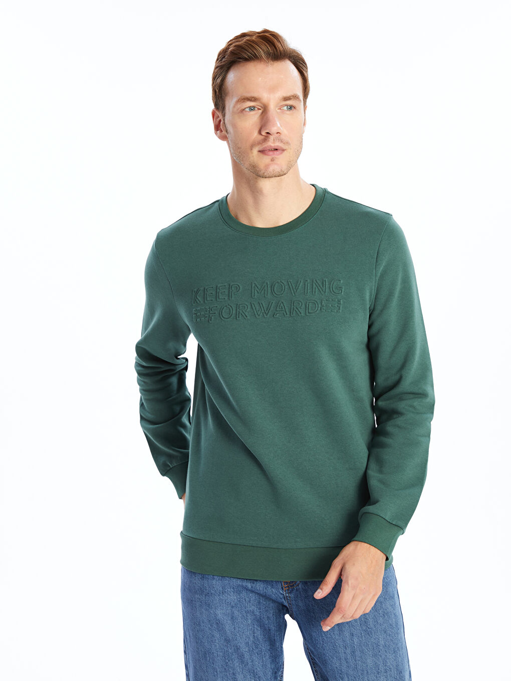 LCWAIKIKI Classic Orta Yeşil Bisiklet Yaka Uzun Kollu Erkek Sweatshirt