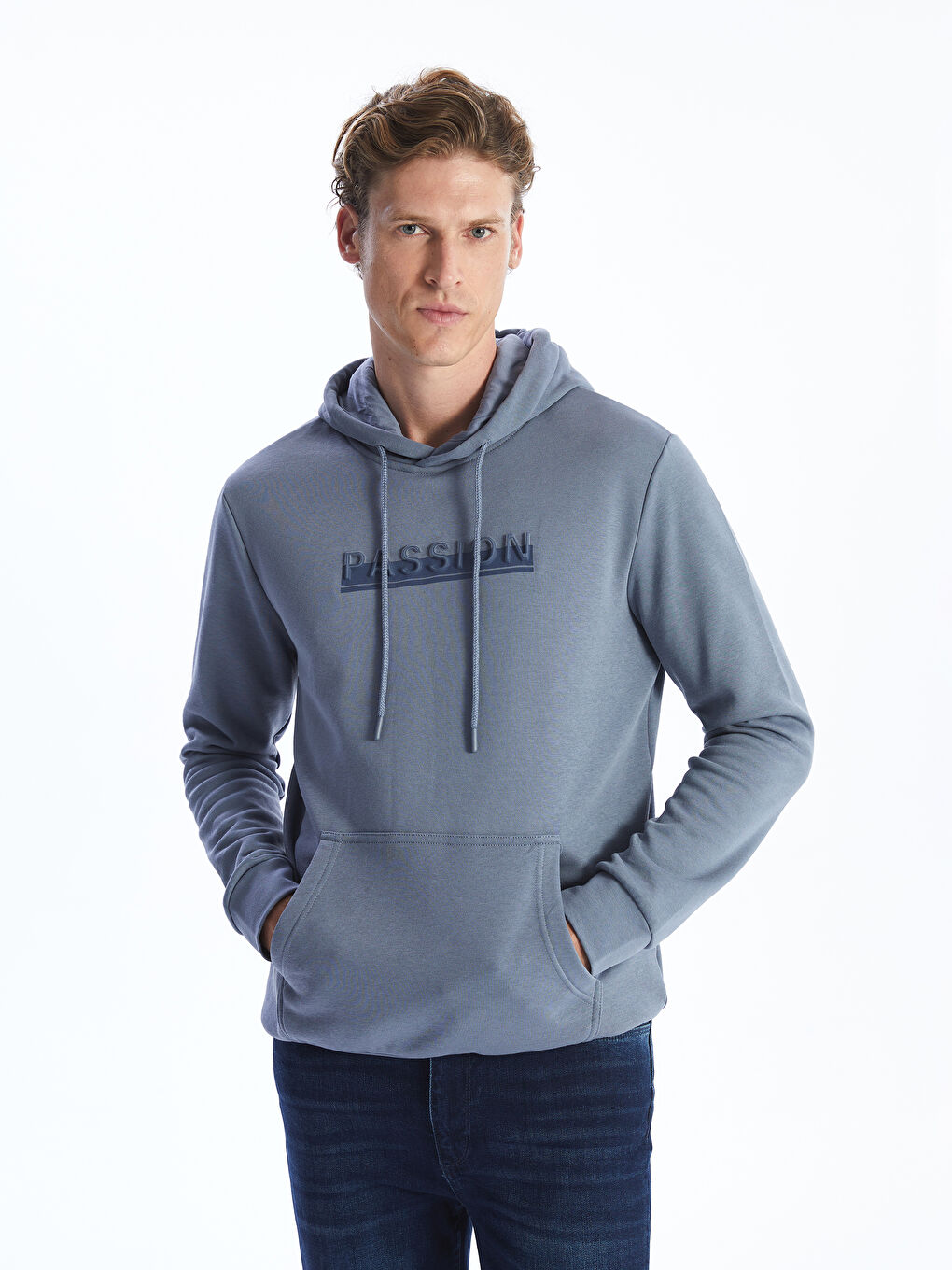 LCWAIKIKI Classic Mat Mavi Uzun Kollu Baskılı Erkek Hoodie