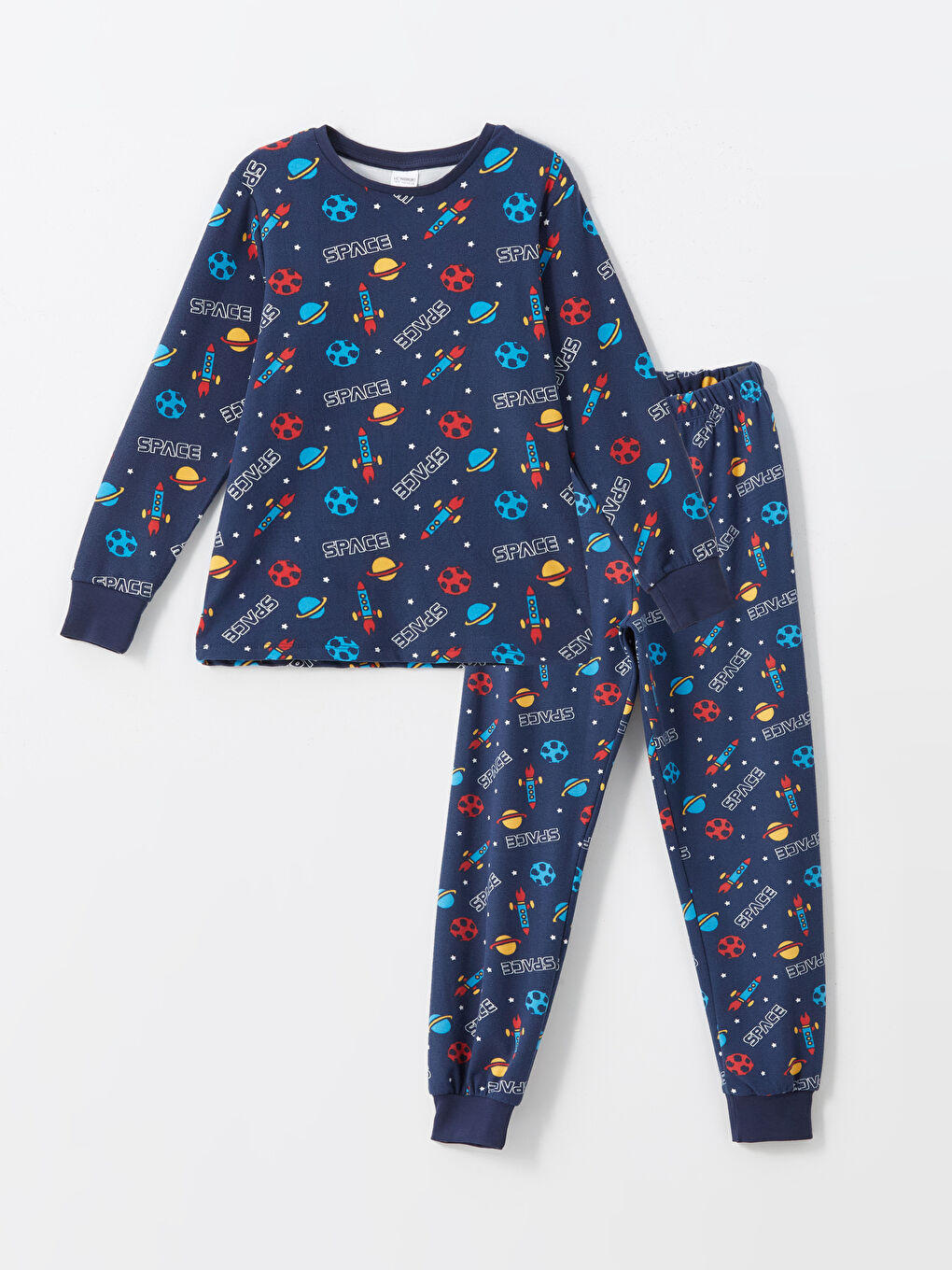 LCW Kids Lacivert Baskılı Bisiklet Yaka Kadife Erkek Çocuk Pijama Takımı