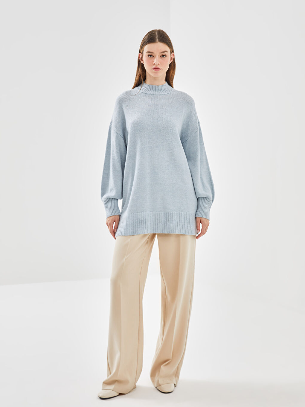 Half Turtleneck Plain Long Sleeve Women's Knitwear Tunic-1