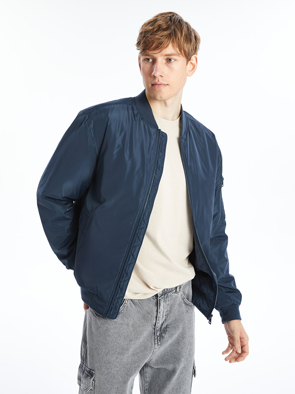 Lacivert Rahat Kalıp Kolej Yaka Erkek Bomber Mont-1