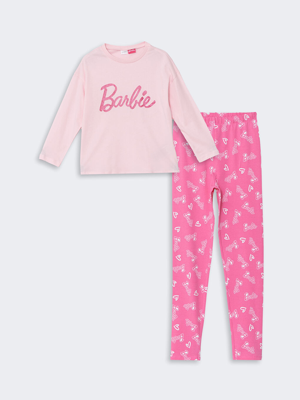 LCW Kids Pembe Bisiklet Yaka Barbie Baskılı Uzun Kollu Kız Çocuk Pijama Takımı