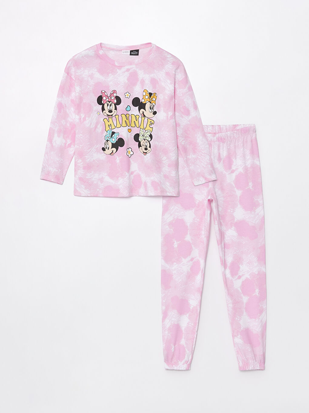 LCW Kids Pembe Baskılı Bisiklet Yaka Minnie Mouse Baskılı Uzun Kollu Kız Çocuk Pijama Takımı