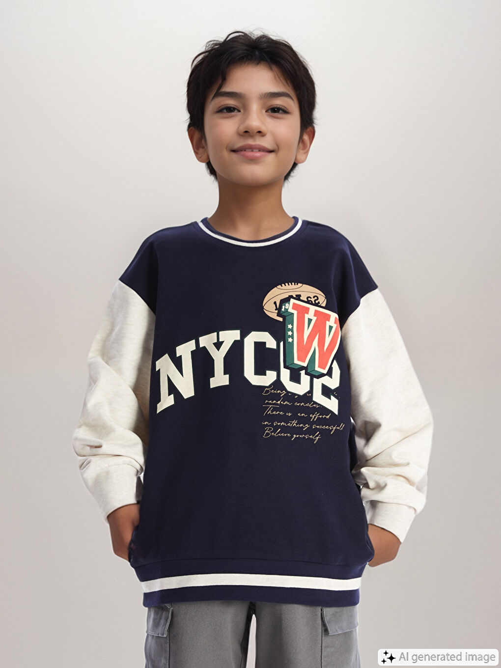 LCW Kids Lacivert Bisiklet Yaka Baskılı Erkek Çocuk Sweatshirt