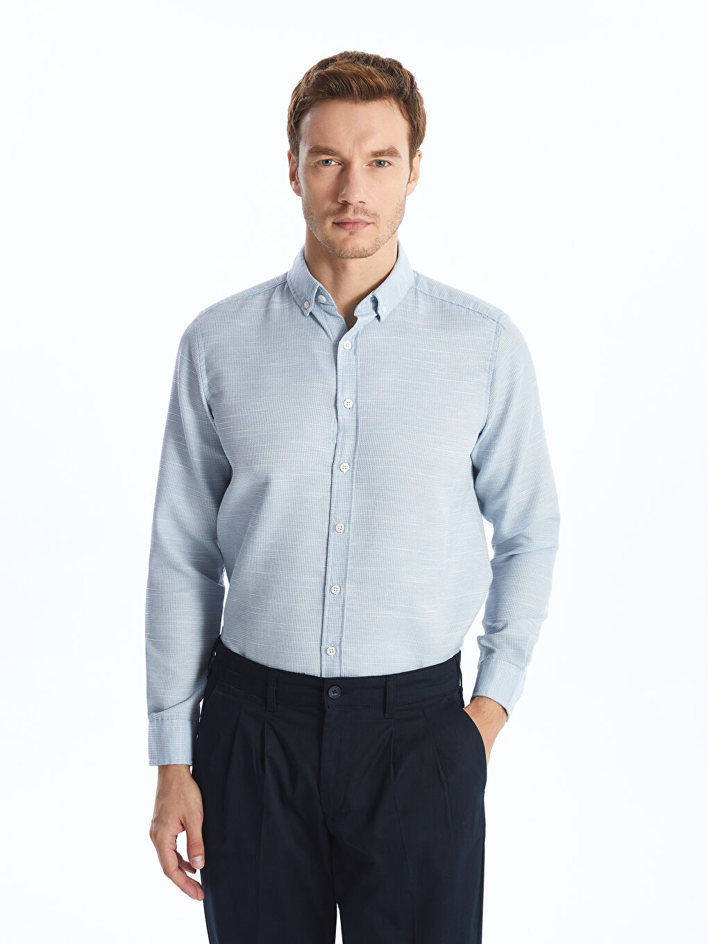Chemise pour Hommes à Manches Longues en Tissu Dobby Coupe Régulière