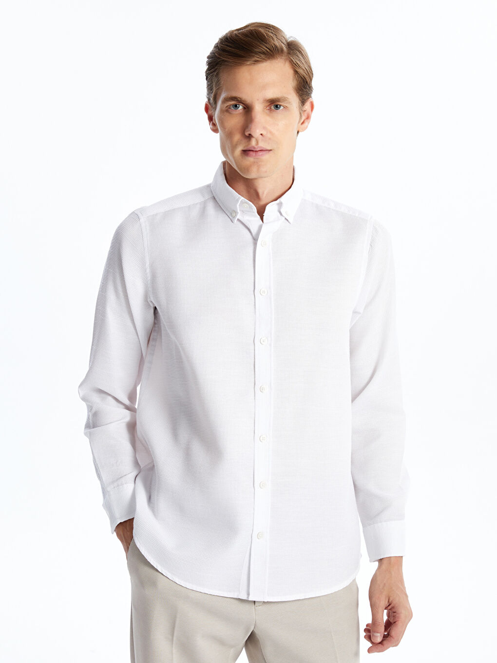 Chemise pour Hommes à Manches Longues en Tissu Dobby Coupe Régulière
