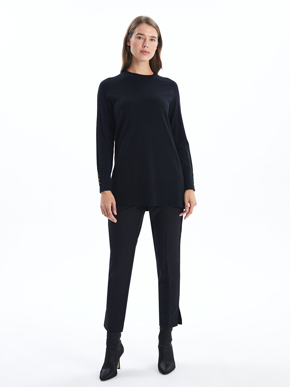 Crew Neck Plain Long Sleeve Women's Knitwear Tunic-1