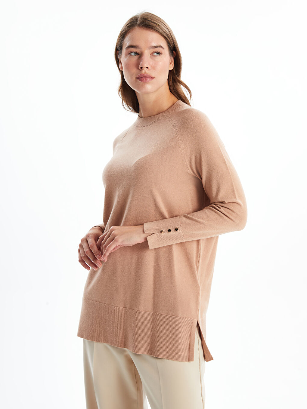 Crew Neck Plain Long Sleeve Women's Knitwear Tunic