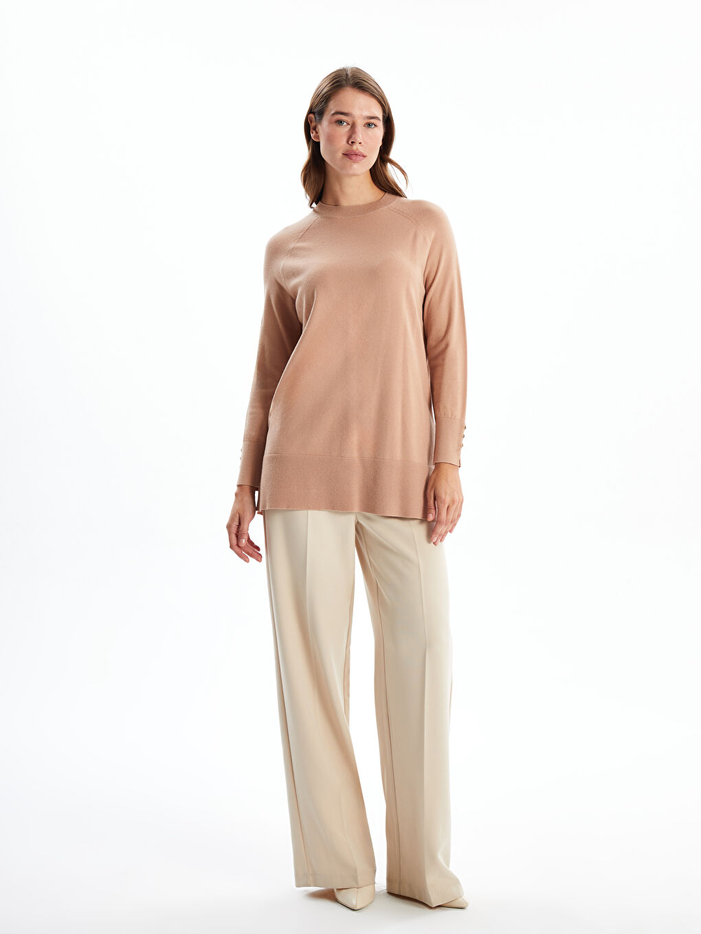 Crew Neck Plain Long Sleeve Women's Knitwear Tunic-1