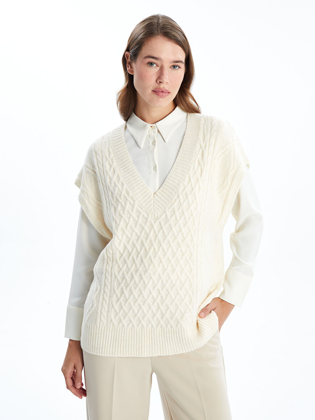 V-Neck Patterned Oversize Women's Knitwear Sweater