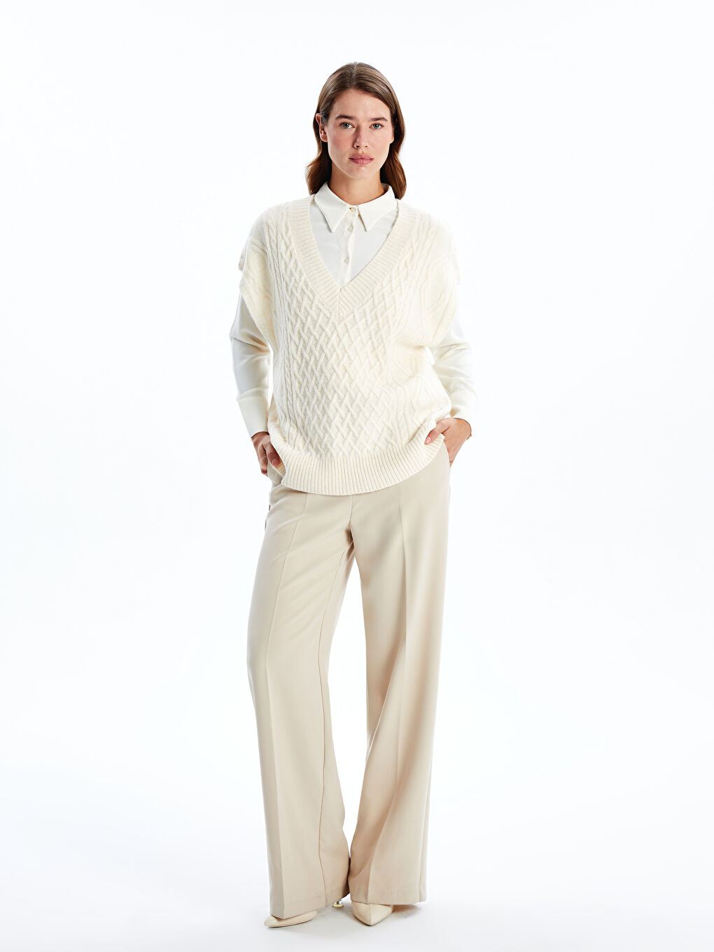 V-Neck Patterned Oversize Women's Knitwear Sweater-1