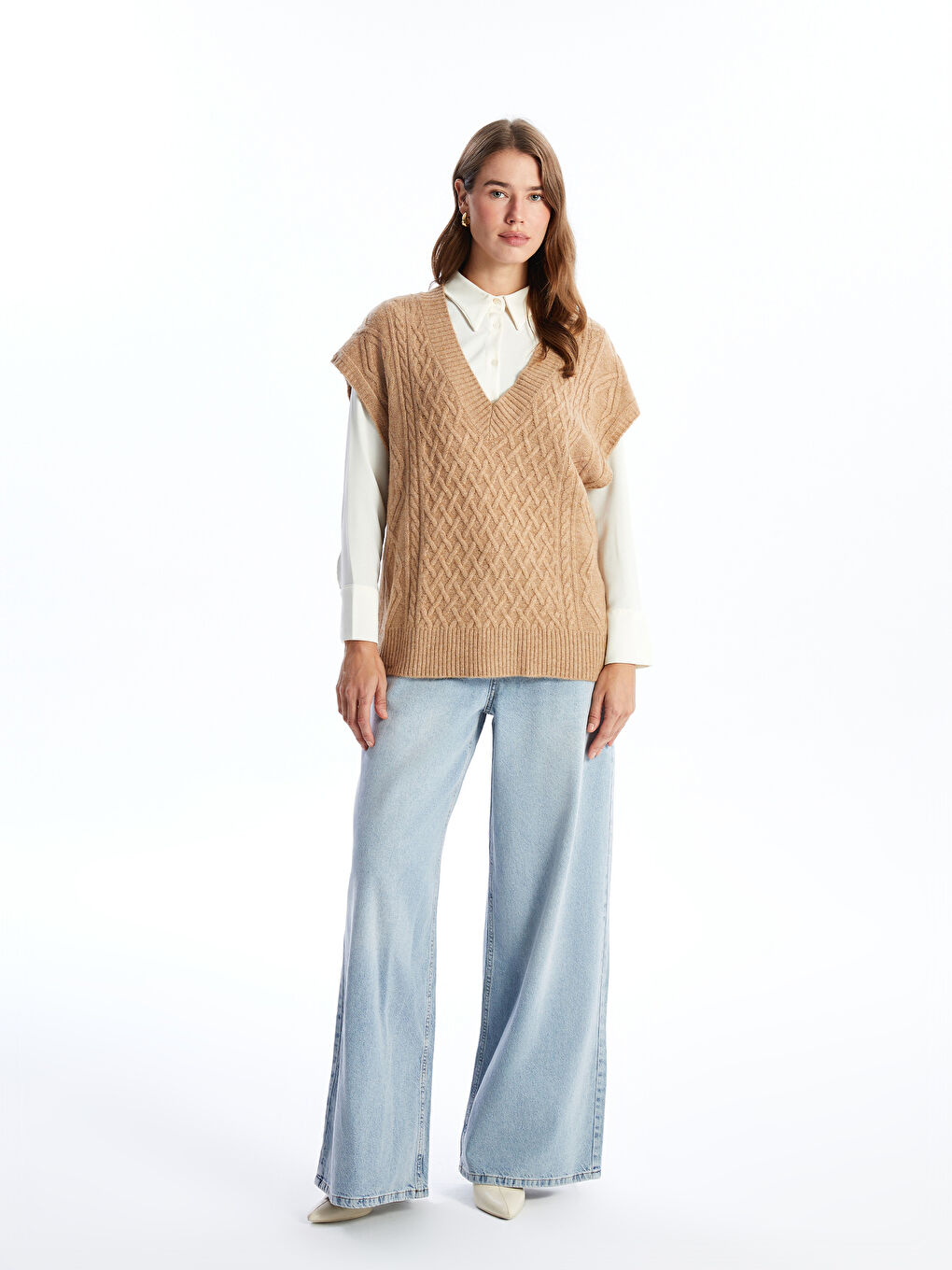 سترة صوفية تريكو واسعة الحجم منقوشة برقبة على شكل حرف V للسيدات-1