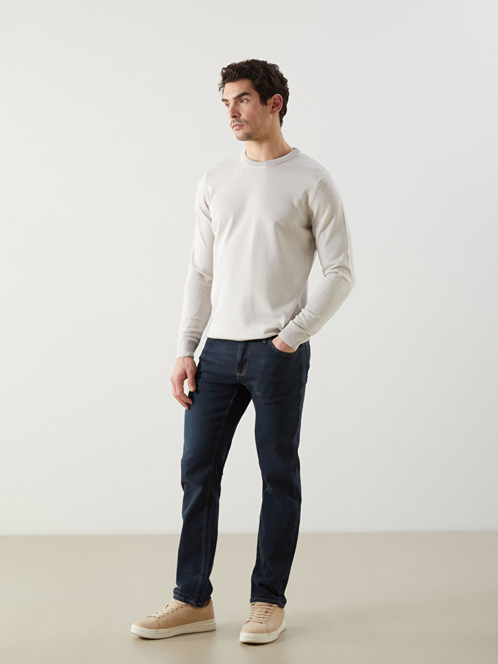 Bej Bisiklet Yaka Erkek Triko Kazak-1