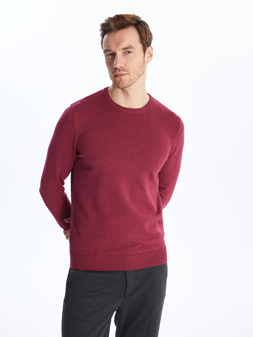 Crew Neck Long Sleeve Men's Tricot Sweater -W42146Z8-LCF