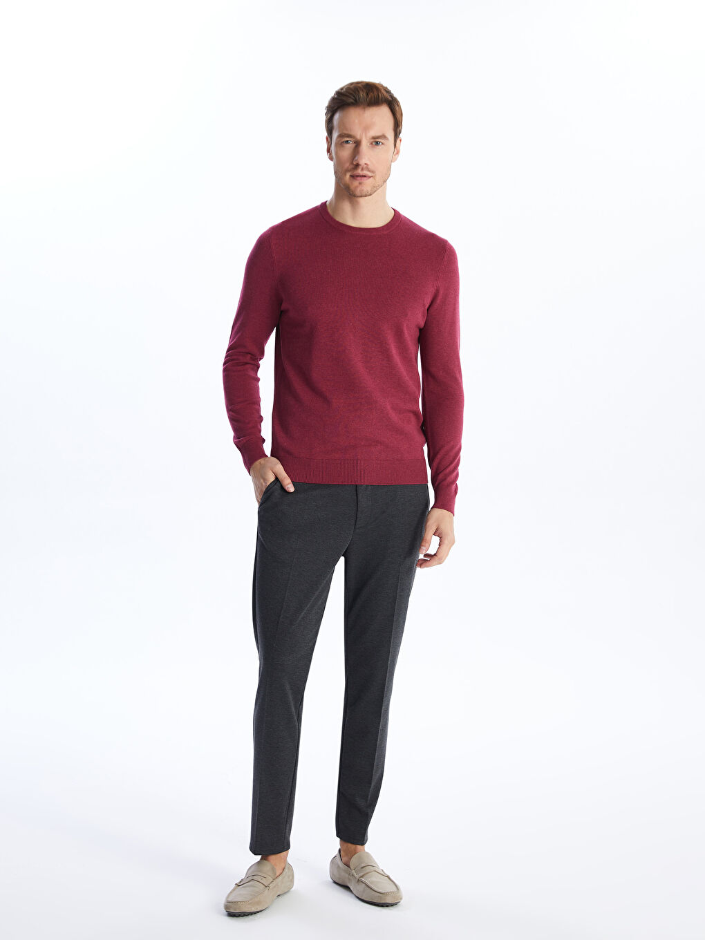 Crew Neck Long Sleeve Men's Tricot Sweater -W42146Z8-LCF