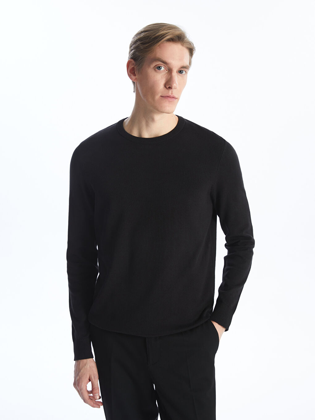 Crew Neck Long Sleeve Men's Tricot Sweater -W42146Z8-CVL