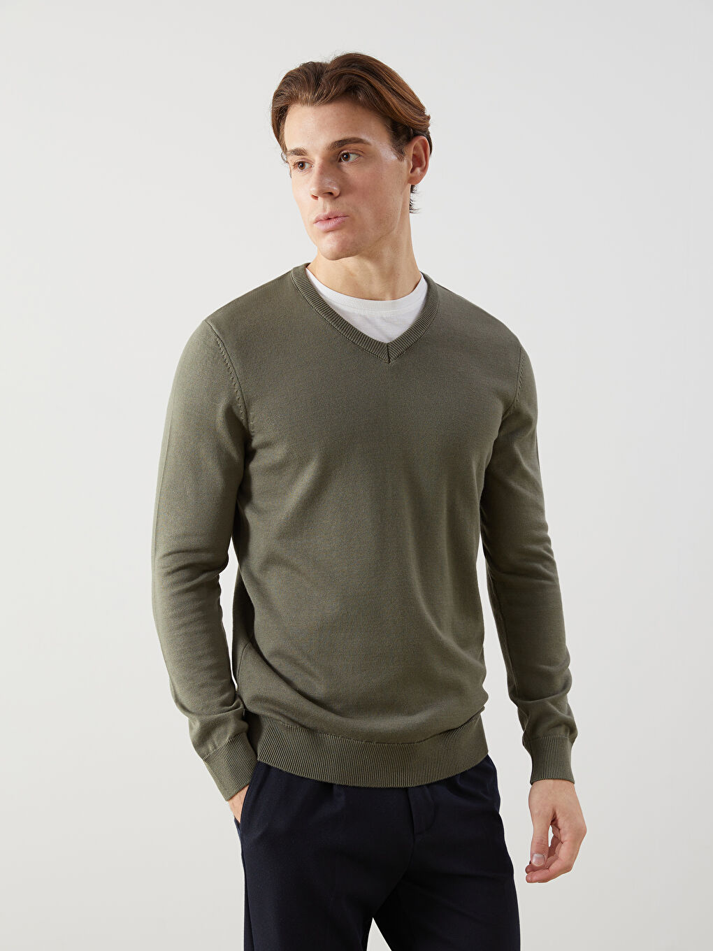 Haki V Yaka Uzun Kollu Erkek Triko Kazak