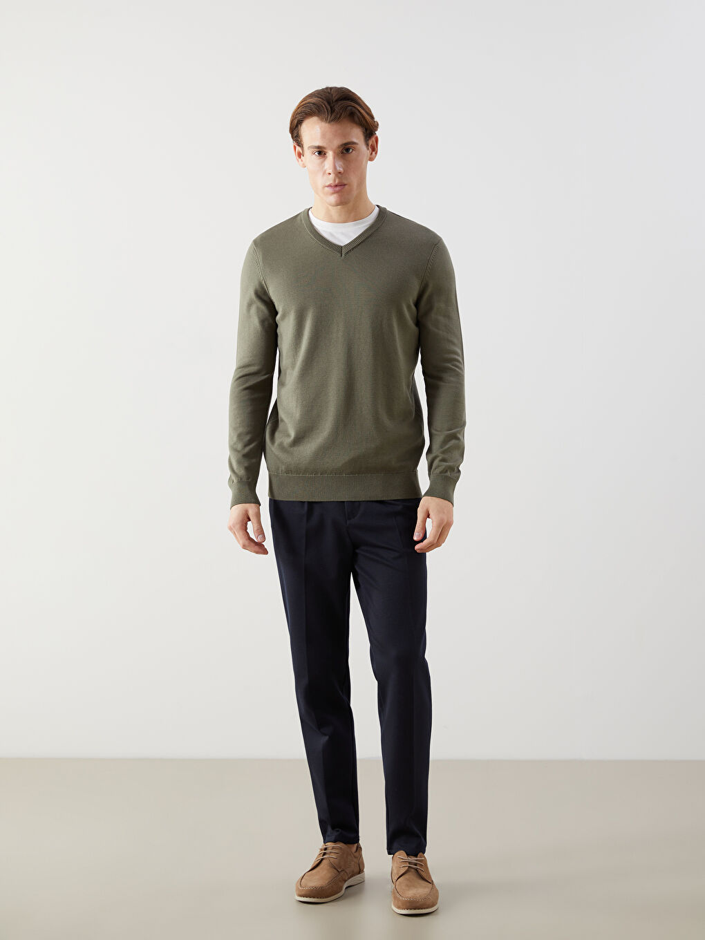 Haki V Yaka Uzun Kollu Erkek Triko Kazak-1