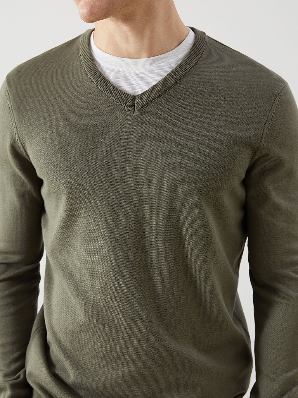 Haki V Yaka Uzun Kollu Erkek Triko Kazak-2