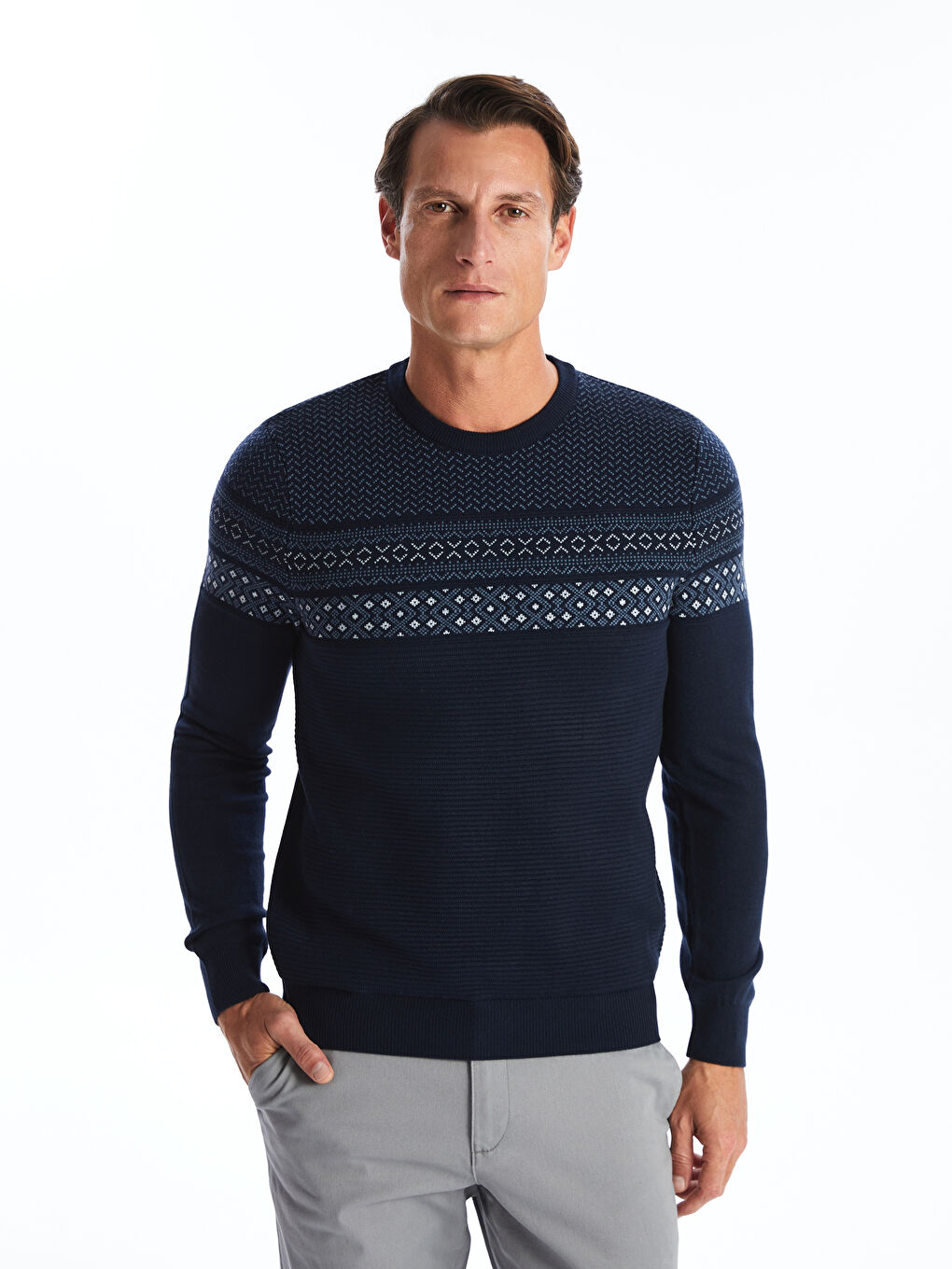 Crew Neck Long Sleeve Men's Tricot Sweater -W42154Z8-RFH