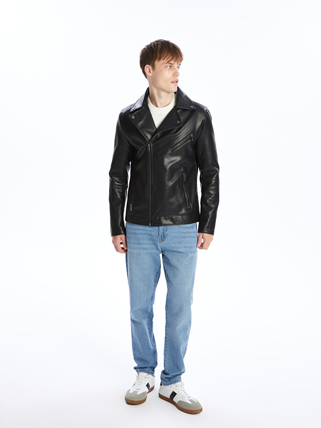 Slim Fit Biker Neck Men's Faux Leather Coat-1