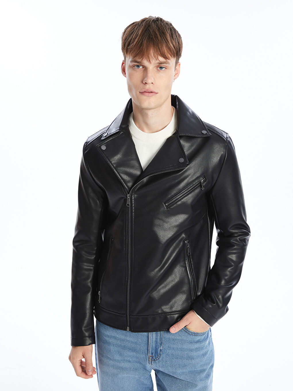 Slim Fit Biker Neck Men's Faux Leather Coat-2