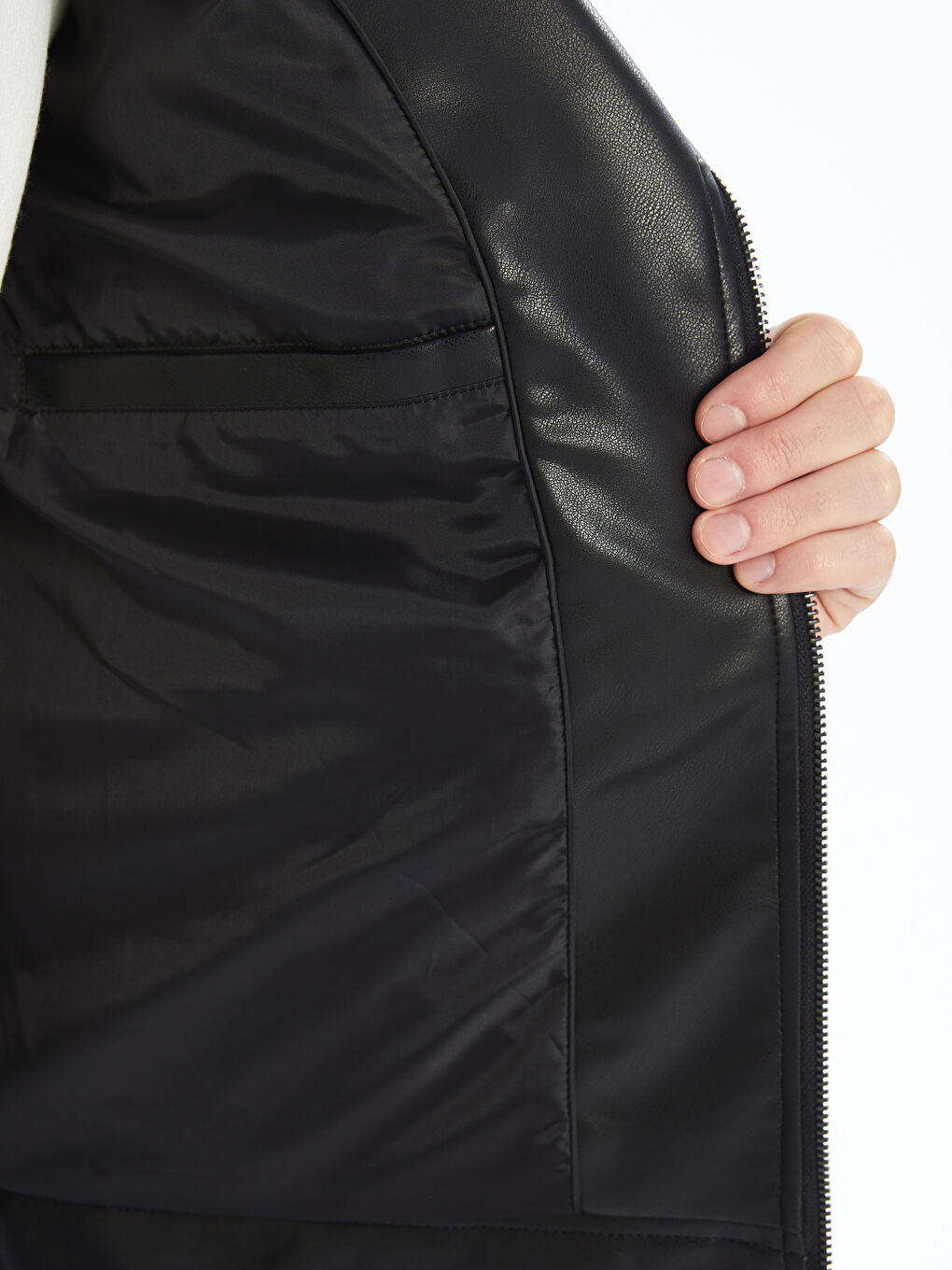 Slim Fit Biker Neck Men's Faux Leather Coat-4