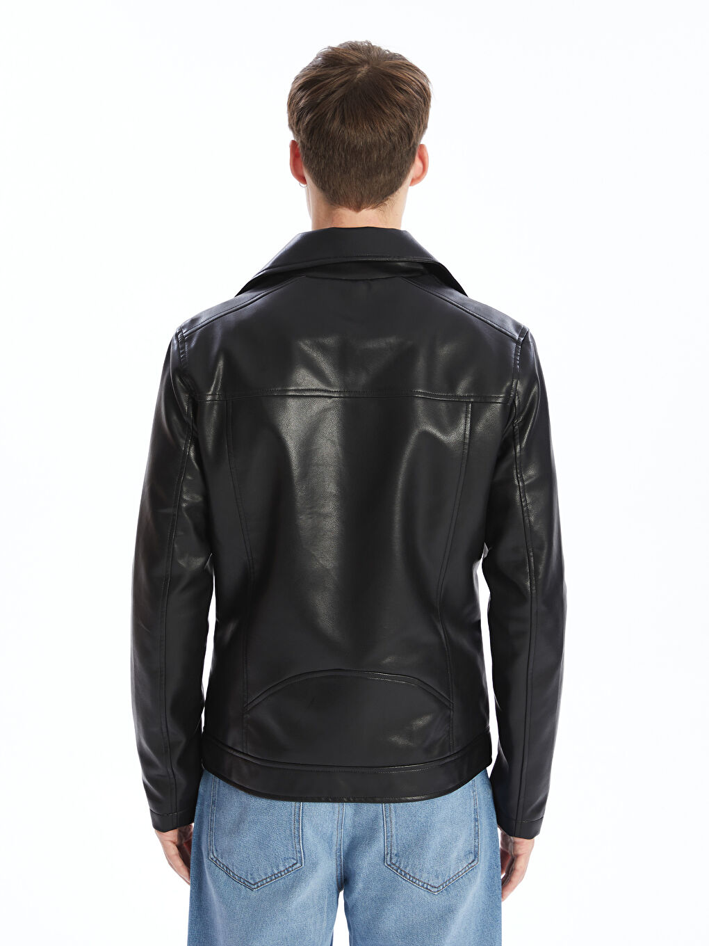Slim Fit Biker Neck Men's Faux Leather Coat-5