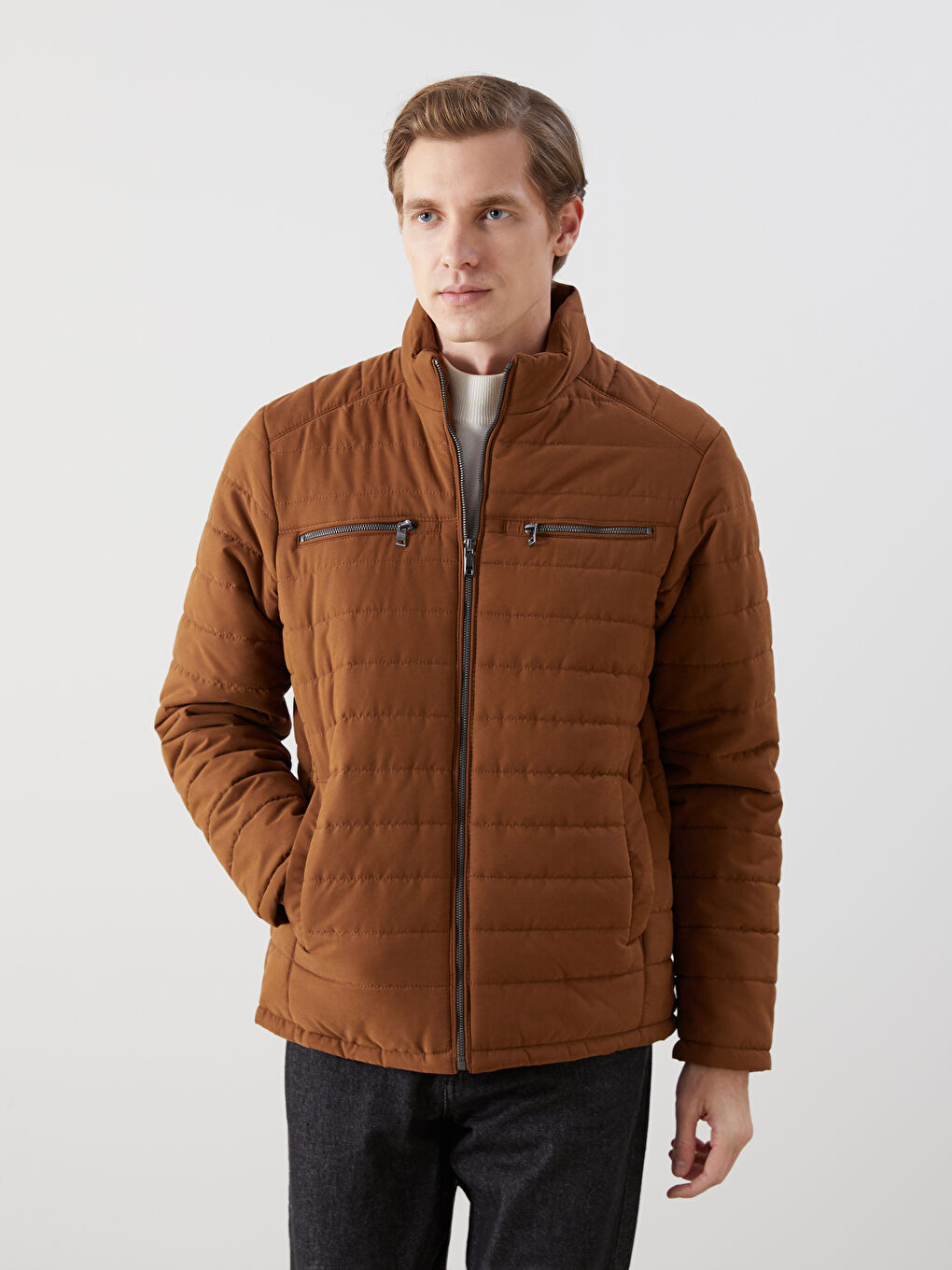 Bej Standart Kalıp Dik Yaka Erkek Şişme Mont