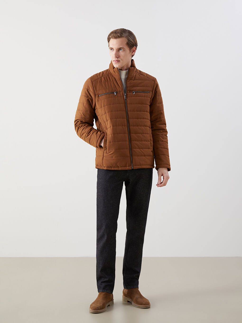 Bej Standart Kalıp Dik Yaka Erkek Şişme Mont-2