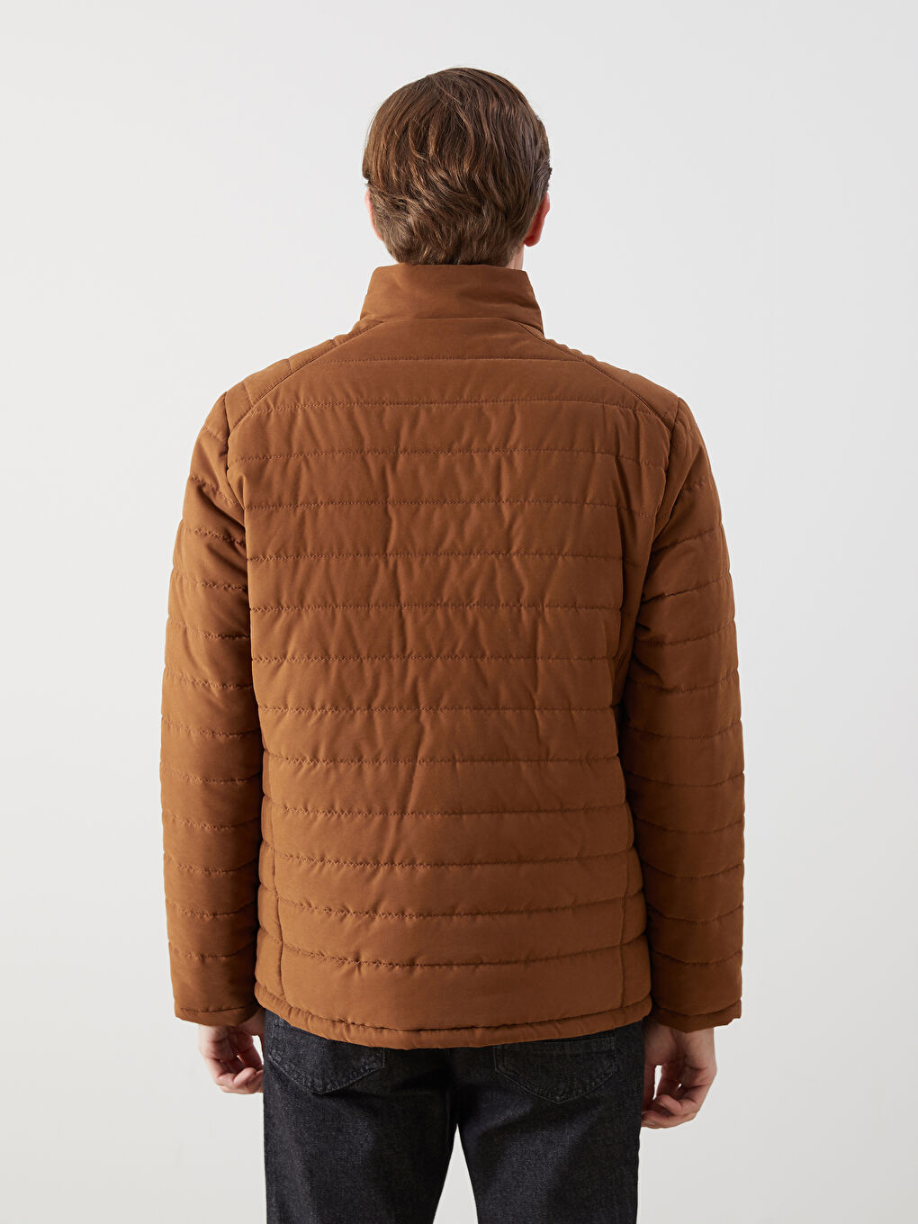 Bej Standart Kalıp Dik Yaka Erkek Şişme Mont-8