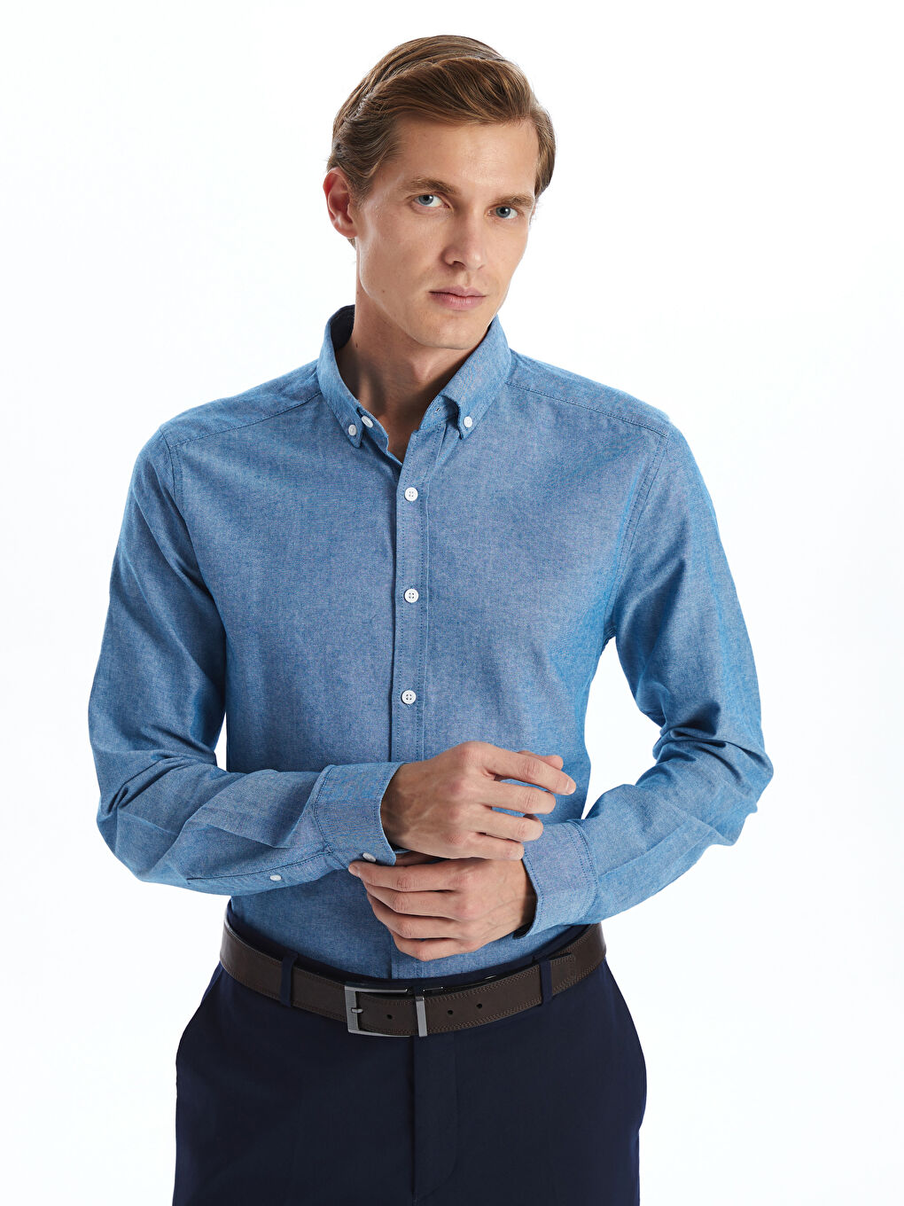 Schmal Geschnittenes Langarm Oxford-Herrenhemd