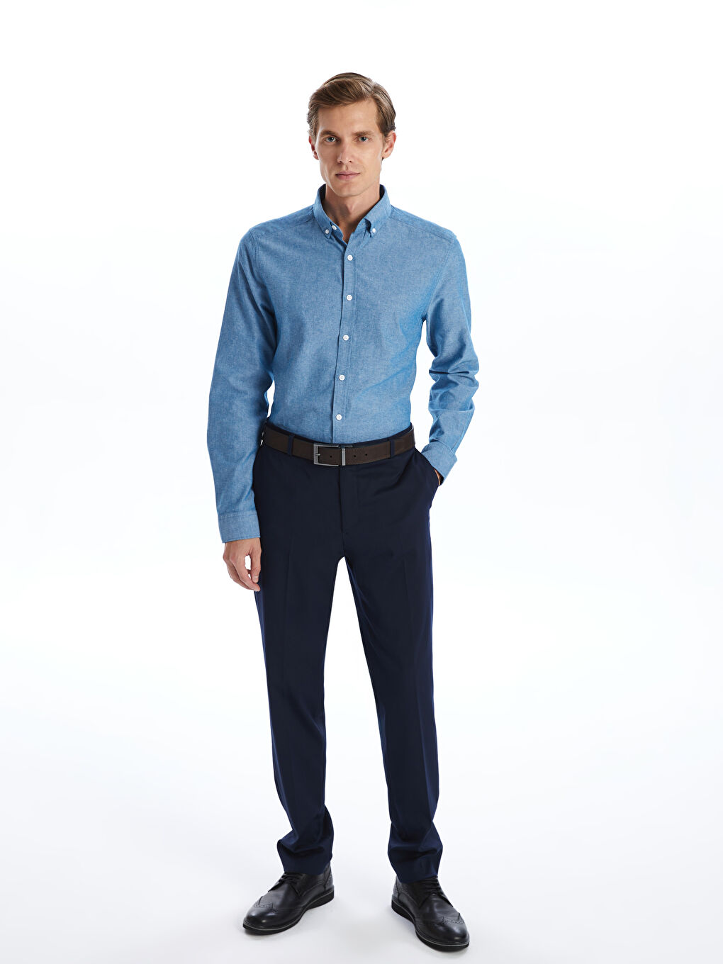 Schmal Geschnittenes Langarm Oxford-Herrenhemd-1