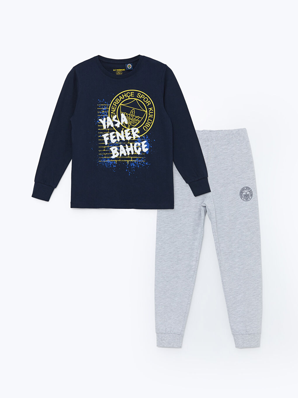 LCW Kids Açık Lacivert Bisiklet Yaka Fenerbahçe Baskılı Uzun Kollu Erkek Çocuk Pijama Takımı