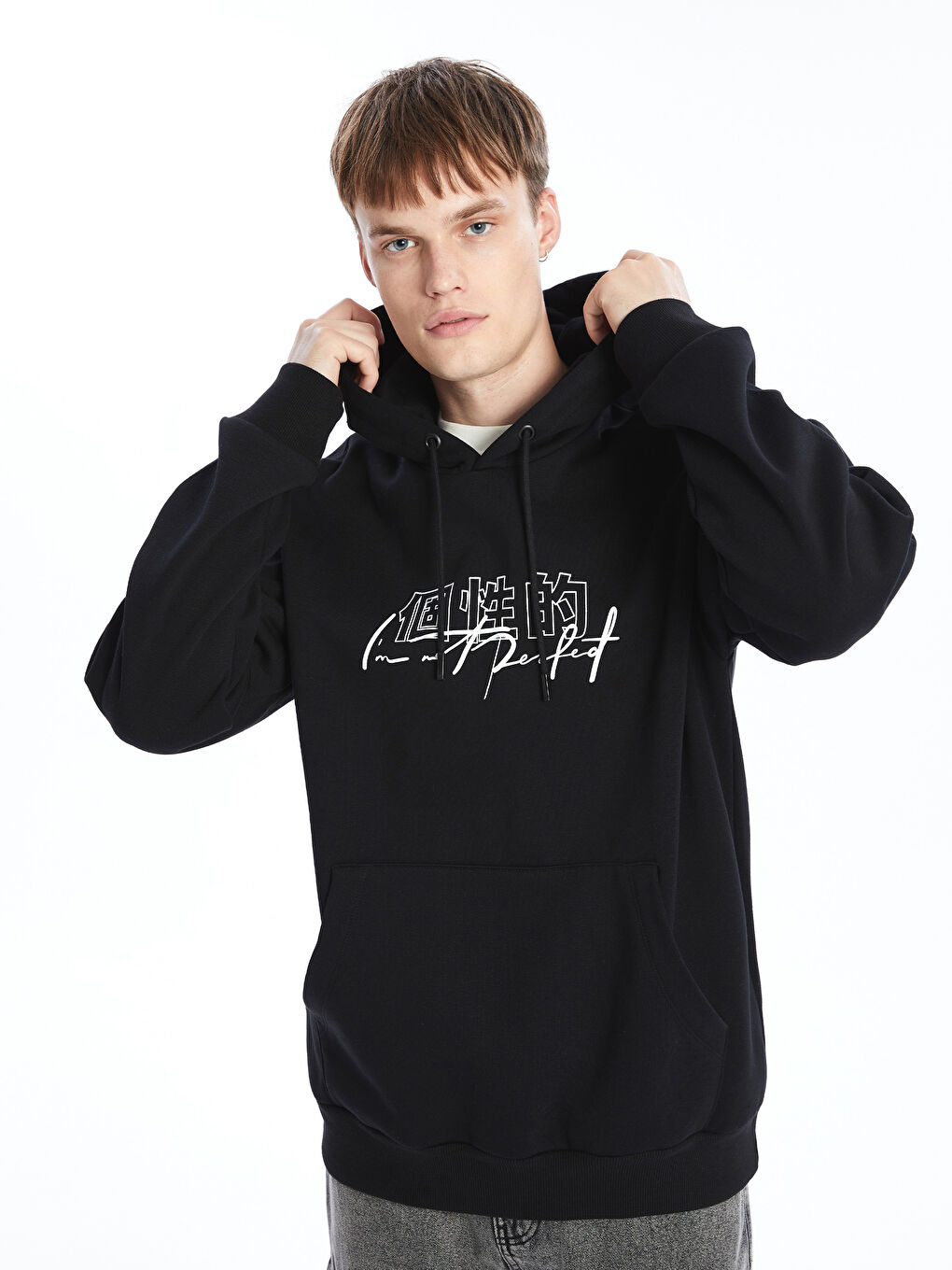 XSIDE Yeni Siyah Uzun Kollu Baskılı Erkek Hoodie