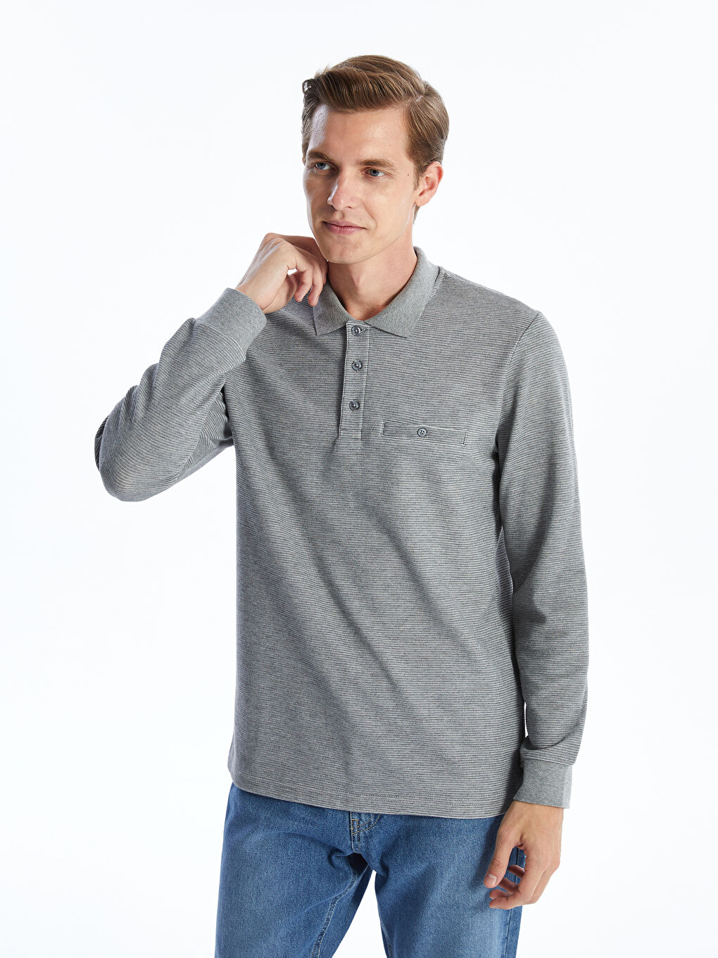 LCWAIKIKI Classic Gri Polo Yaka Uzun Kollu Erkek Sweatshirt