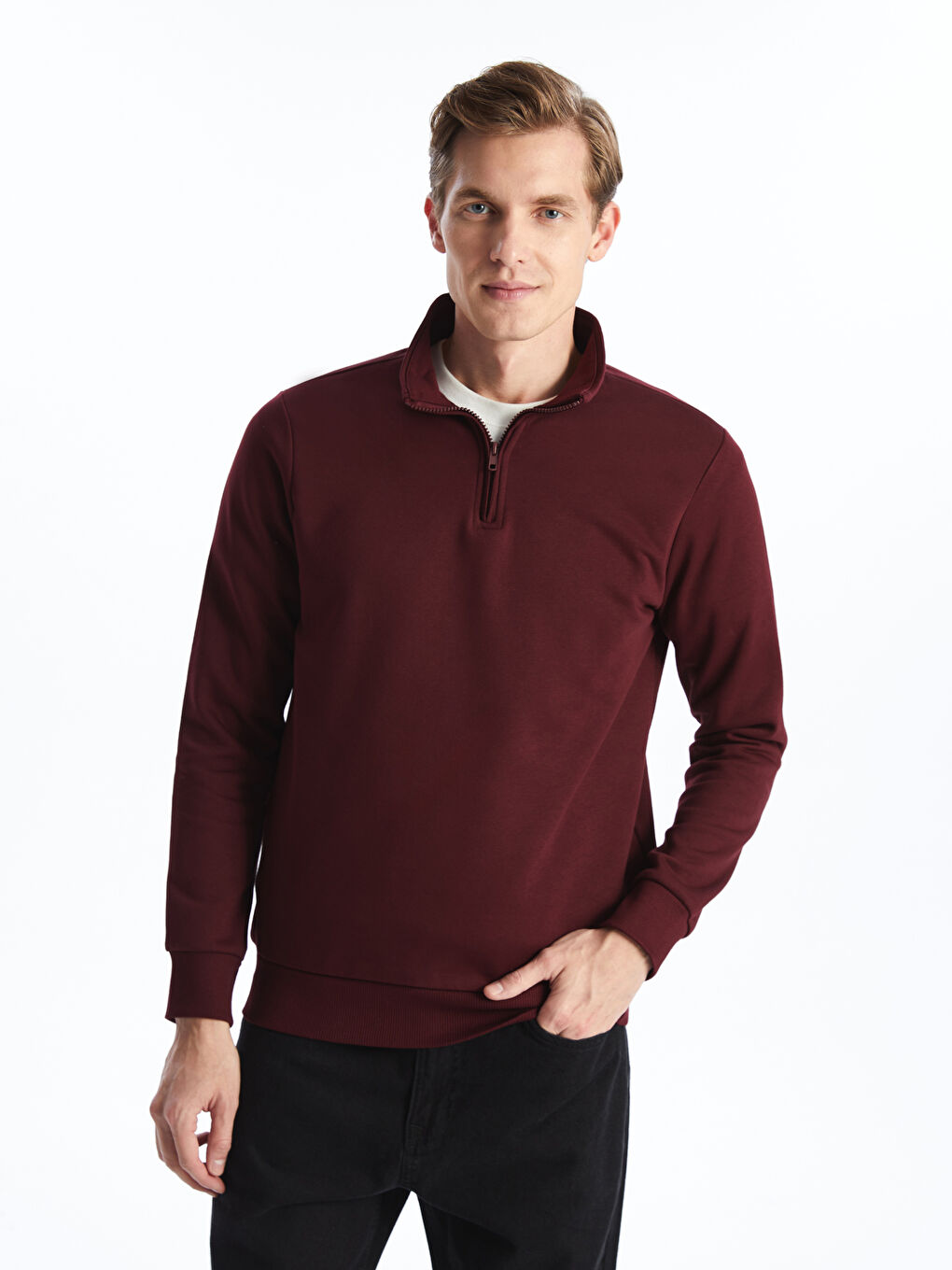 LCWAIKIKI Classic Bordo Dik Yaka Uzun Kollu Erkek Kalın Sweatshirt