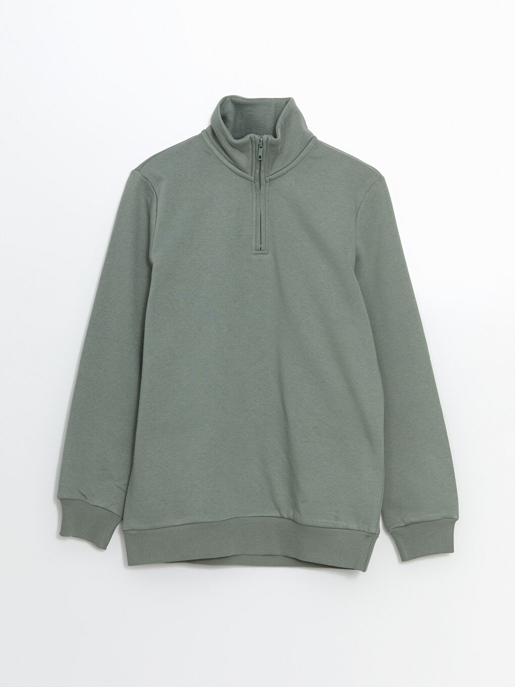 Haki Dik Yaka Uzun Kollu Erkek Kalın Sweatshirt-4