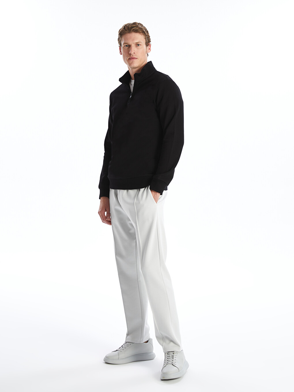Siyah Dik Yaka Uzun Kollu Erkek Kalın Sweatshirt-5