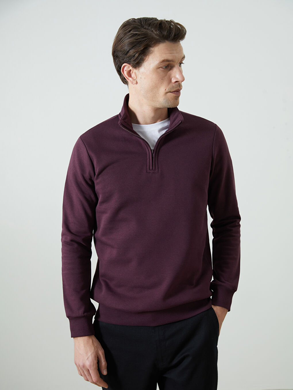 Mürdüm Dik Yaka Uzun Kollu Erkek Kalın Sweatshirt