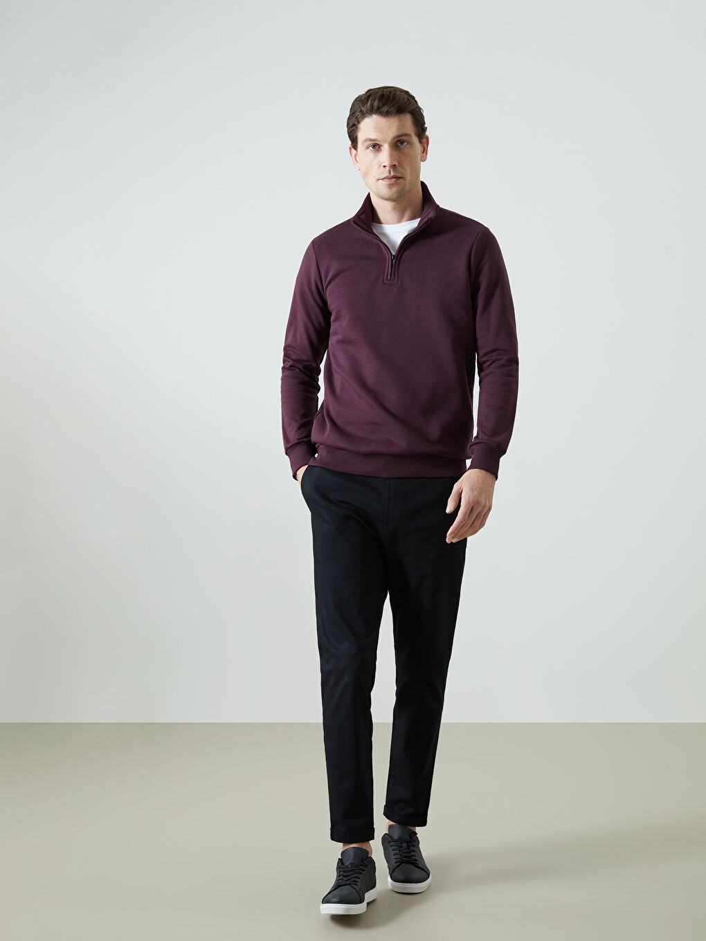 Mürdüm Dik Yaka Uzun Kollu Erkek Kalın Sweatshirt-1