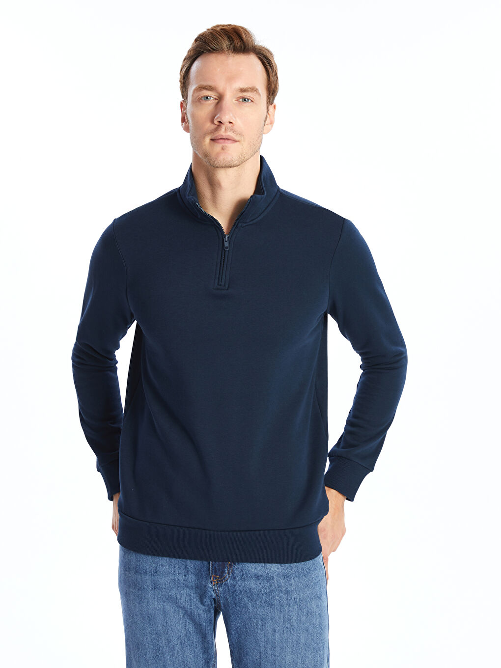 Lacivert Dik Yaka Uzun Kollu Erkek Kalın Sweatshirt